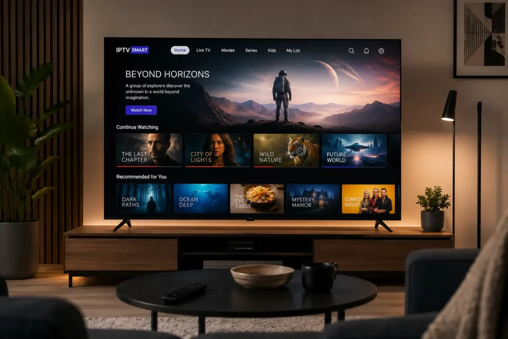 Smart TV displaying a personalized IPTV streaming app interface in a modern living room