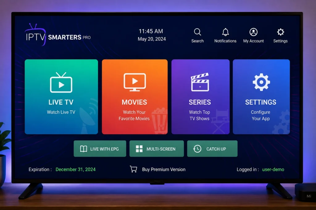IPTV Smarters guide main menu screen