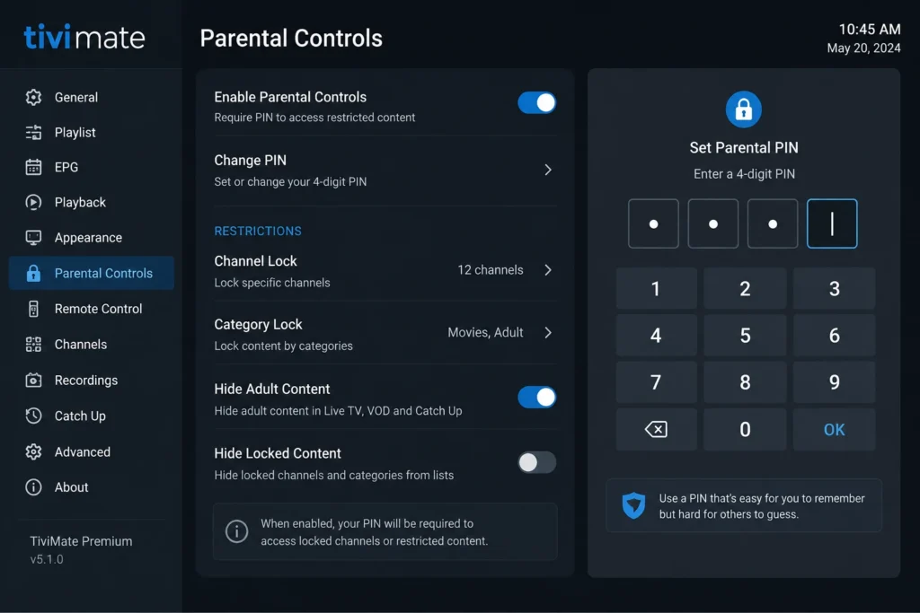 TiviMate parental control settings screen