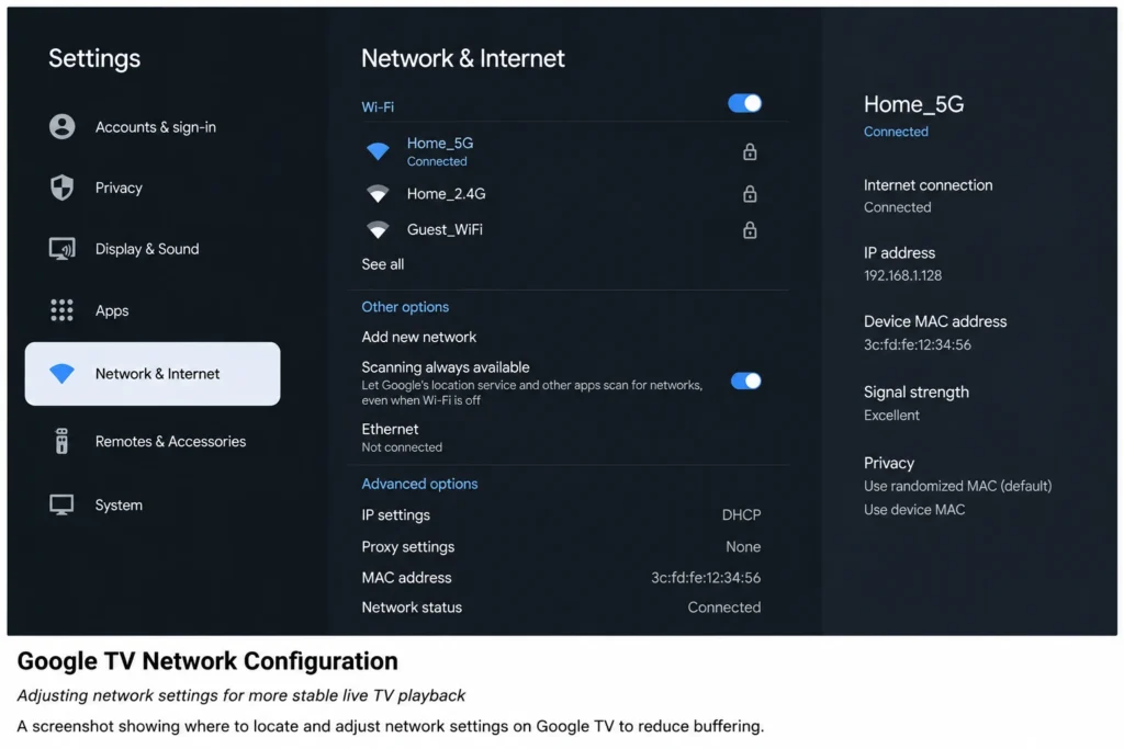 Google TV network settings screen for streaming optimization