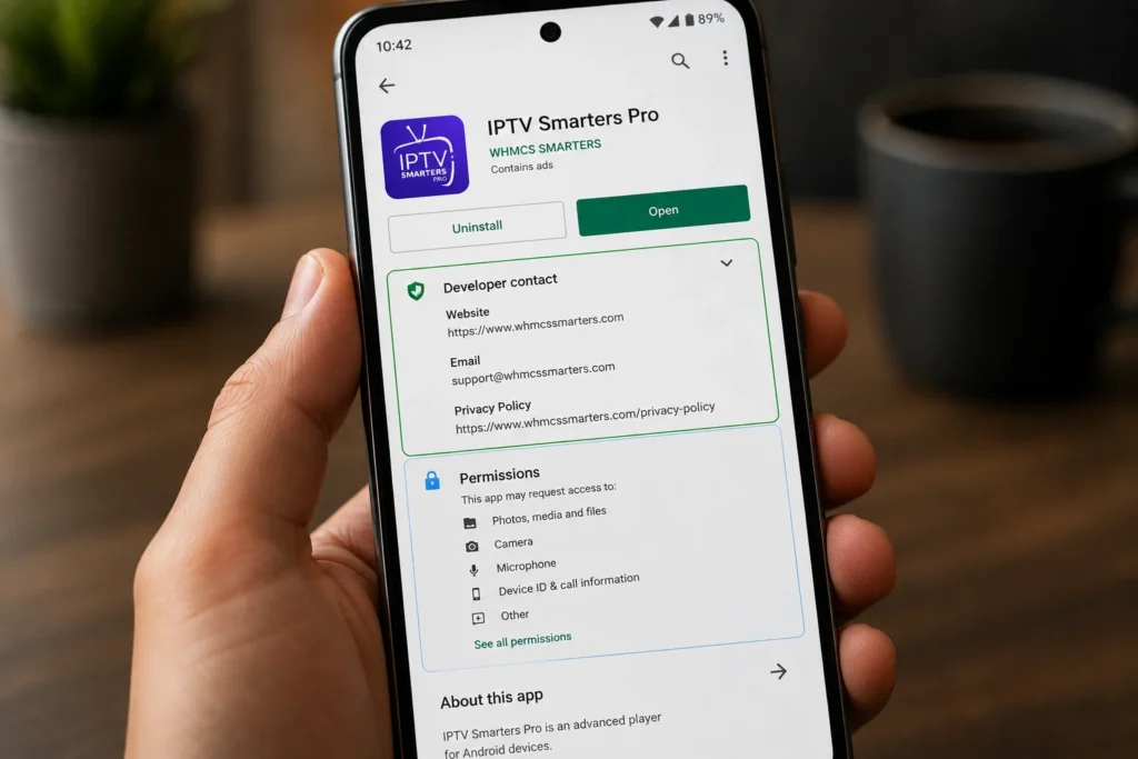Checking app developer and permissions before installing an IPTV Smarters update