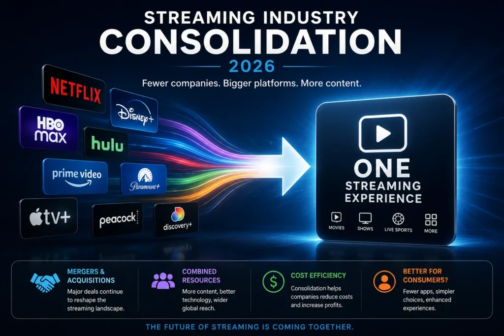 Streaming trends 2026 concept graphic showing streaming platform logos merging