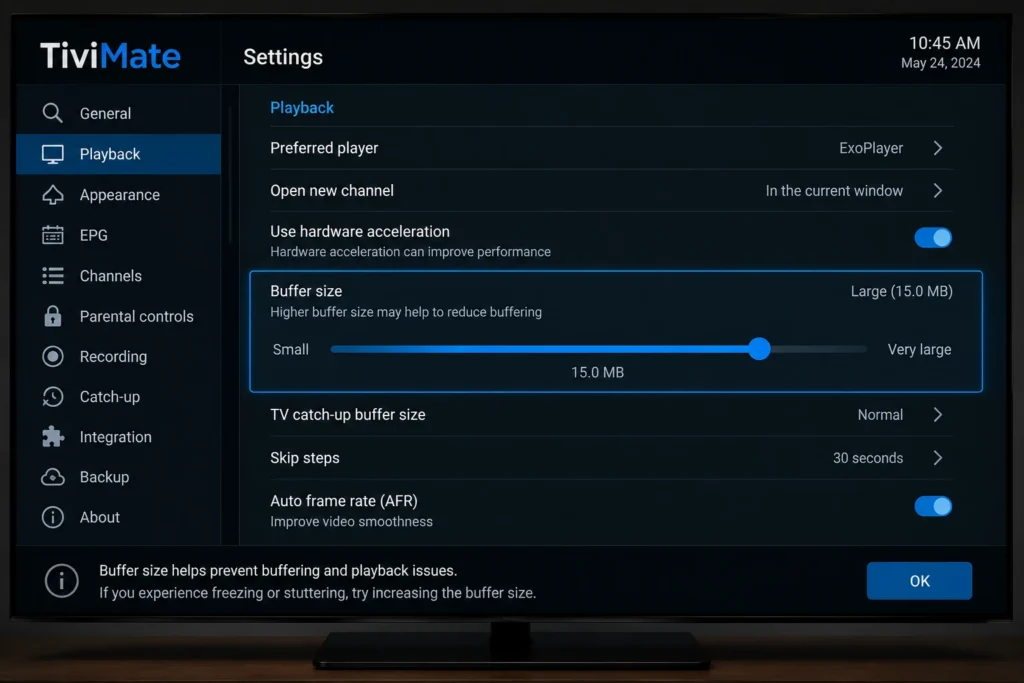 TiviMate best settings buffer size menu