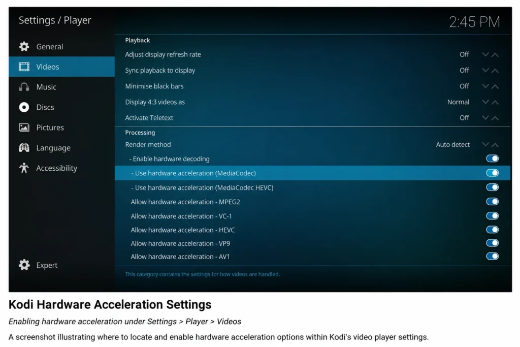 Kodi best settings menu showing hardware acceleration options