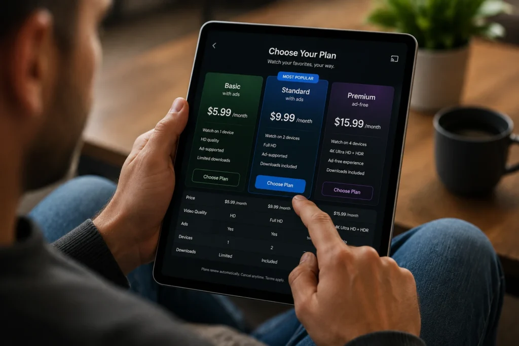 Person comparing ad-supported and ad-free streaming subscription tiers on a mobile device