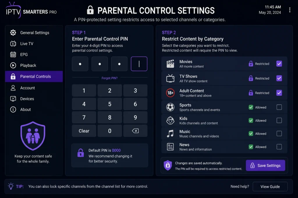 IPTV Smarters parental control feature screen