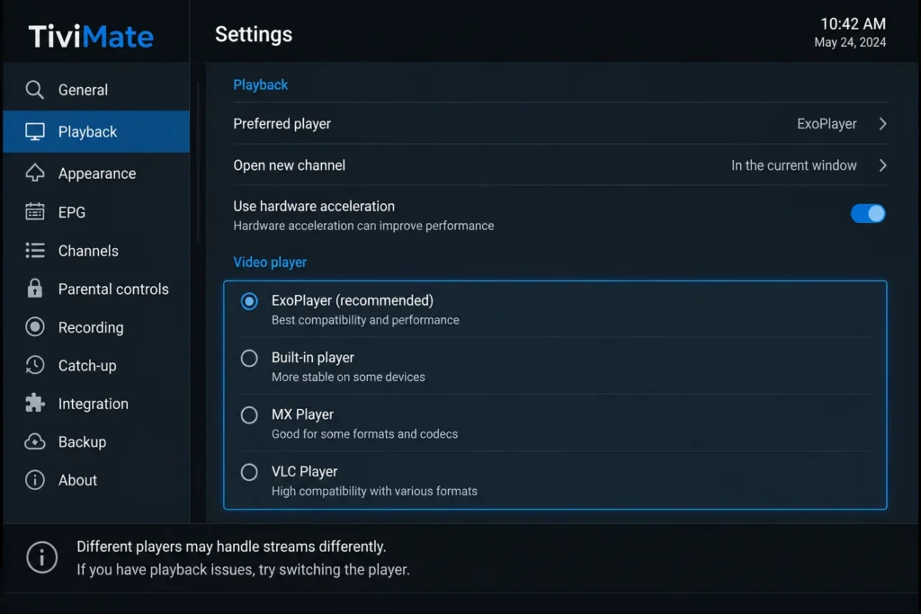 TiviMate video player selection settings