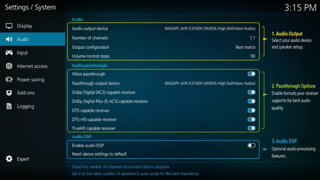 Kodi audio output configuration for surround sound systems