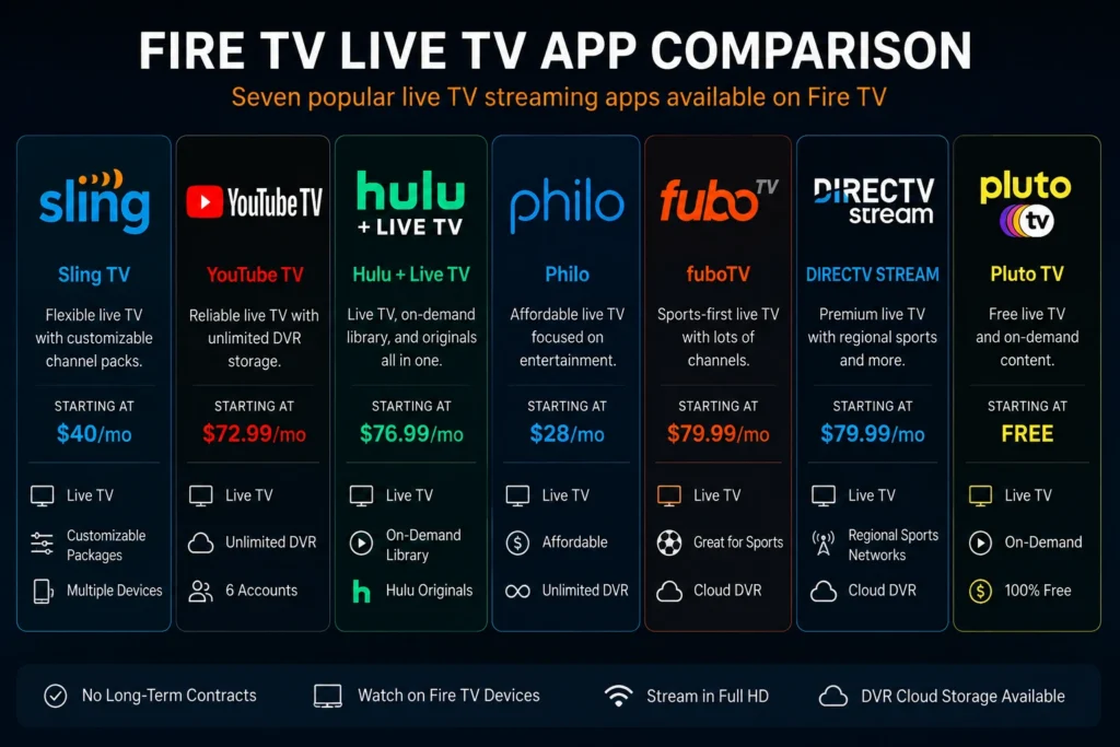 Live TV streaming apps compared for Fire TV devices
