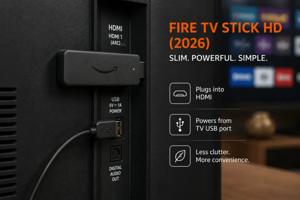 Amazon Fire TV Stick HD 2026 plugged into a TV USB port