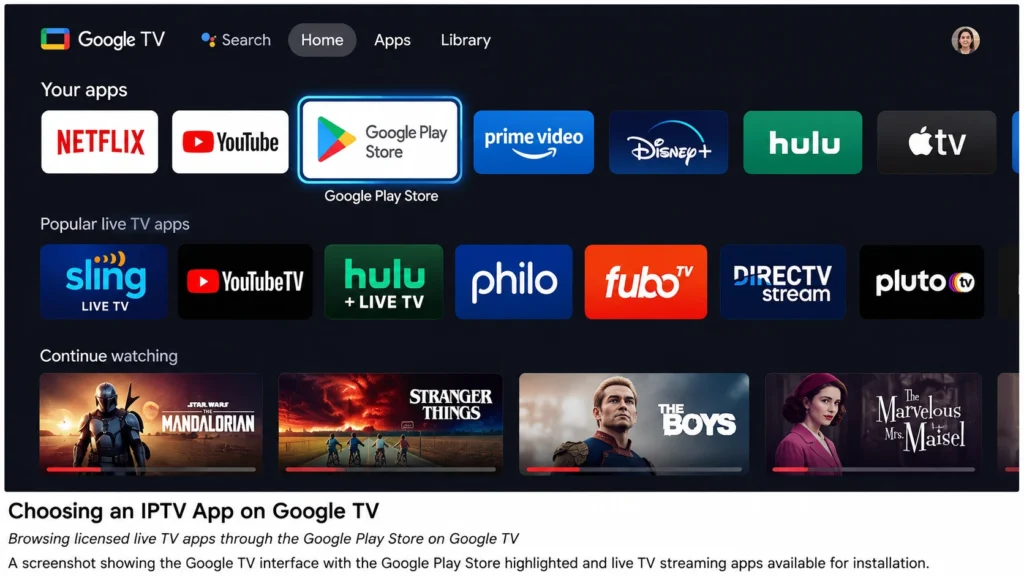 Google TV IPTV guide app selection in Google Play Store