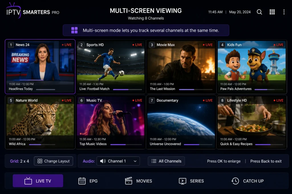IPTV Smarters multi-screen grid view