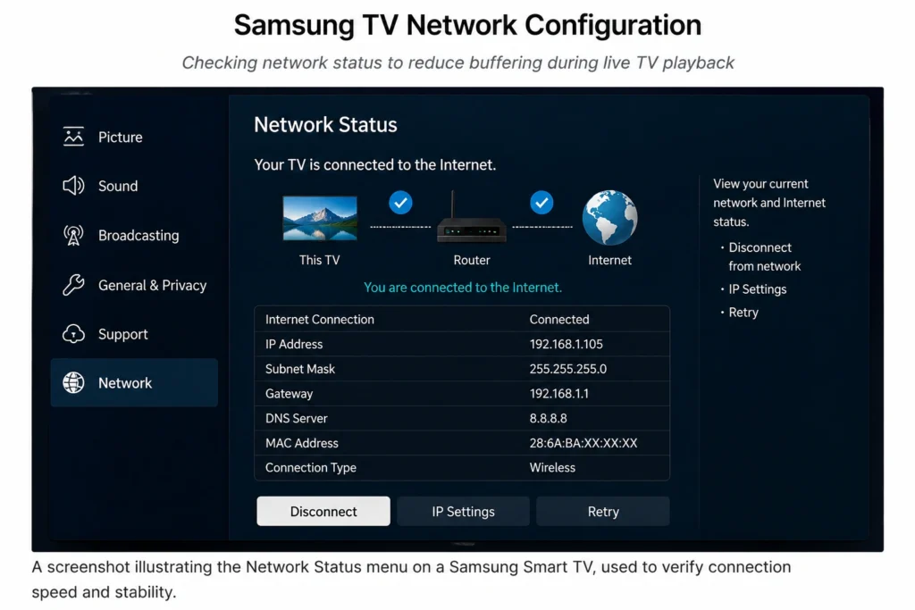 Samsung Smart TV network status settings for streaming