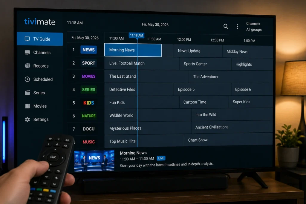 TiviMate update review showing the app's EPG channel guide on Android TV